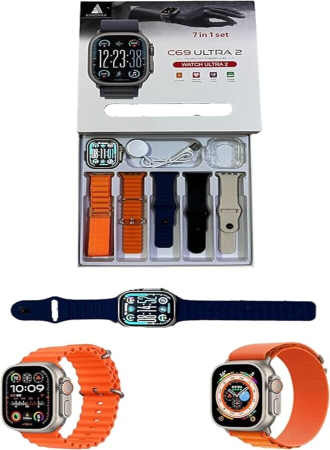 ADHOMAX Smart Watch C69 Ultra 2 49MM HD Display, Elegant Design, 7 in 1, Fitness Tracker, Calls, Wireless Charging, Heart Rate | IOS and android for men, women (Gold)